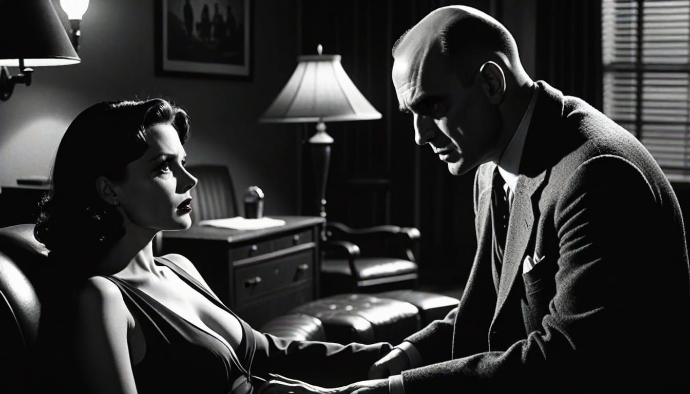 Sultry Film Noir Scene: Hypnotic Encounter in the Shadows