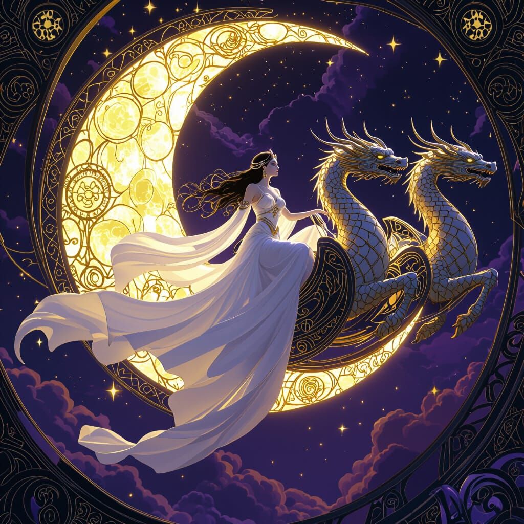 Moon Goddess in Art Deco Chariot Pulled by Dragons