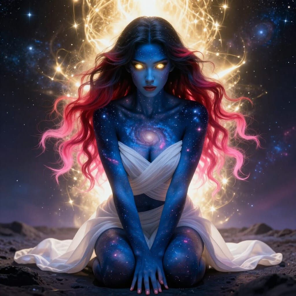 Celestial Woman with Starry Blue Skin in Cosmic Digital Art