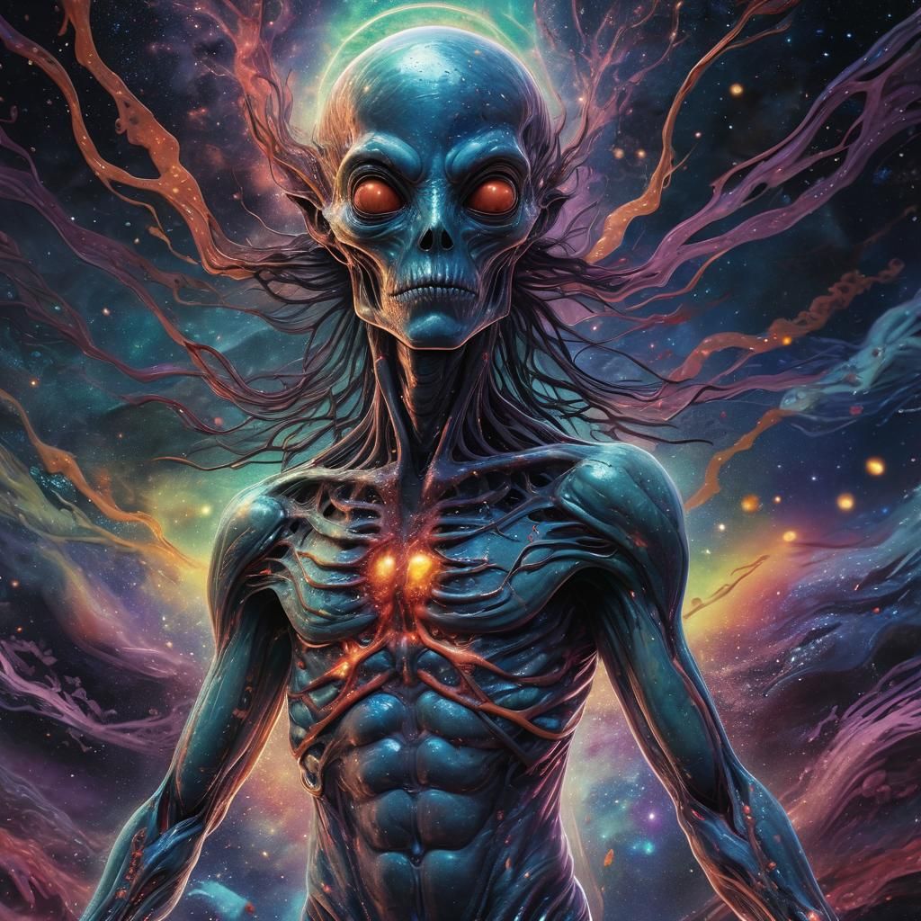 Alien Humanoid with Astral Wounds: Mixed Media Art