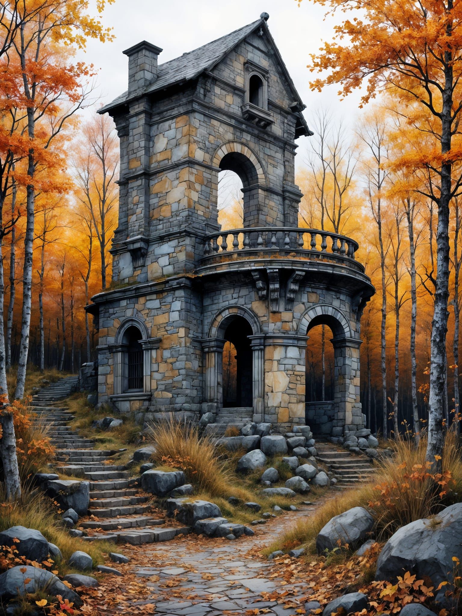 Ruined Tower in Autumn Forest Watercolor