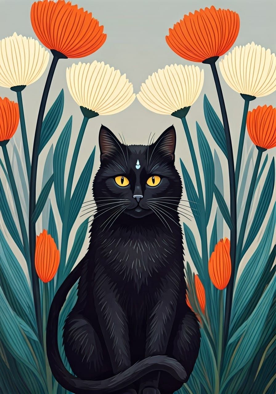 Sleek Black Cat in Whimsical Garden Scene, Folk Art Style