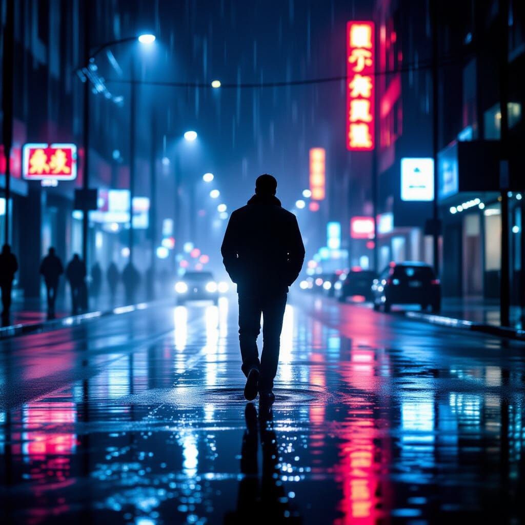 Night Walker in Neon Rain: Film Noir Photography