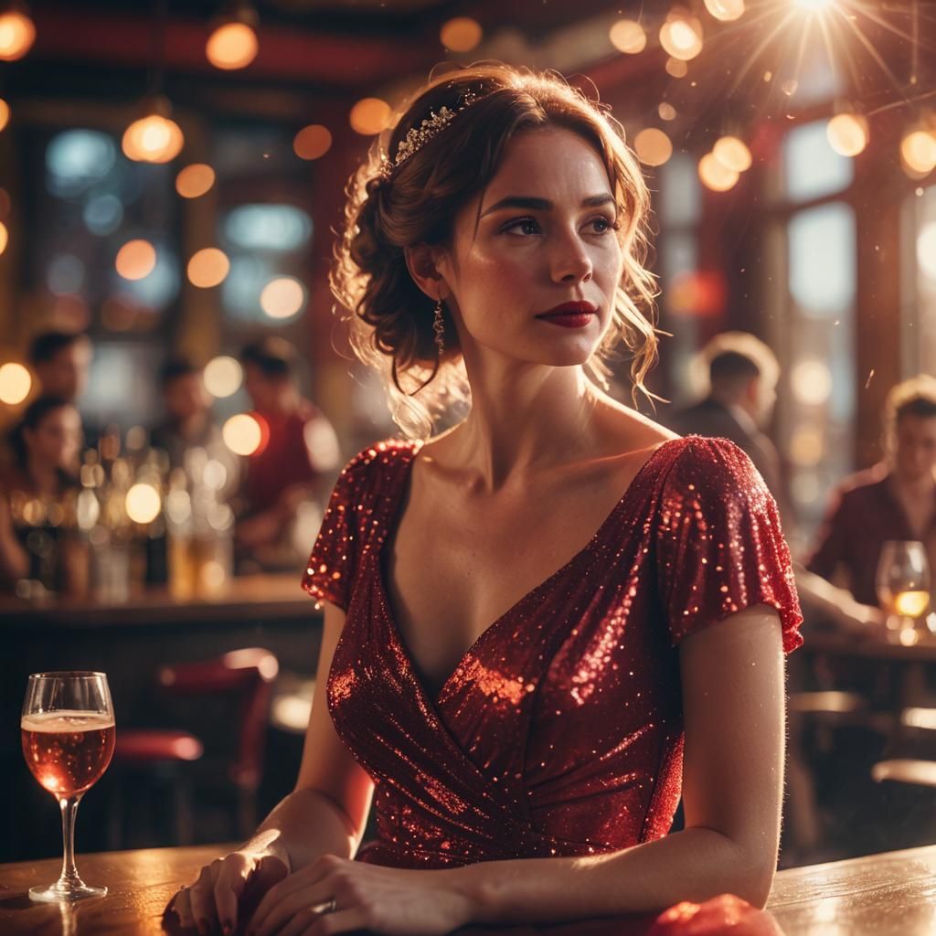 Radiant Bar Woman in Red Dress, Renaissance Style