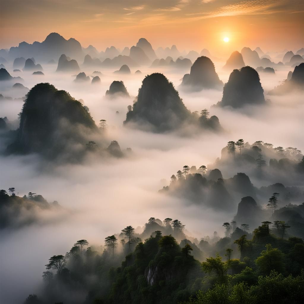 Ethereal Guilin Landscape at Sunset