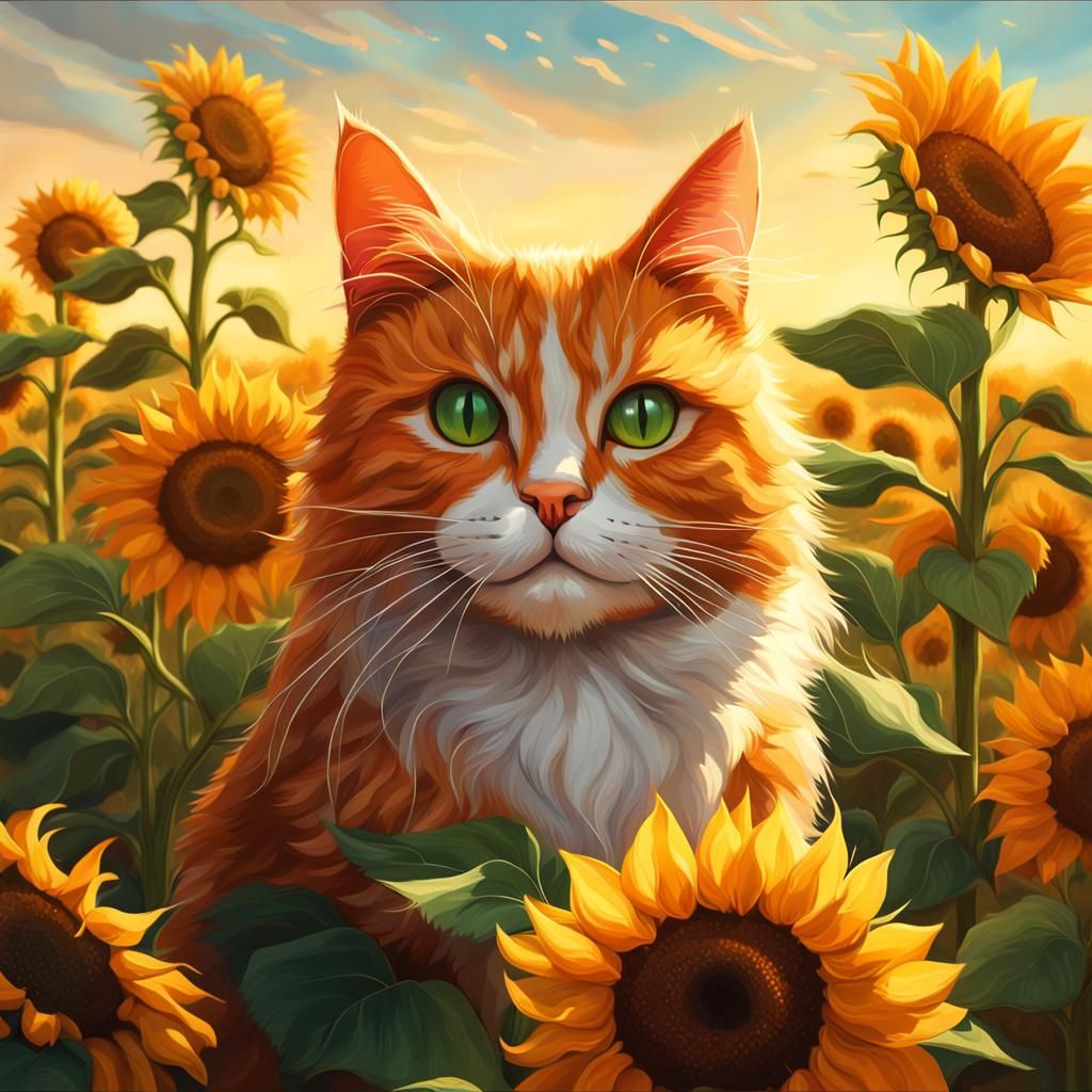 Orange Cat with Green Eyes in Sunflower Field