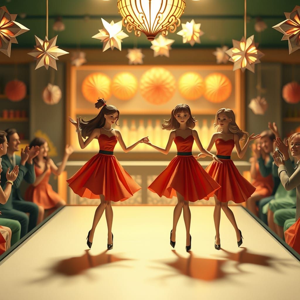 Girls Dancing on Bar Counter in Whimsical Paper Craft Style