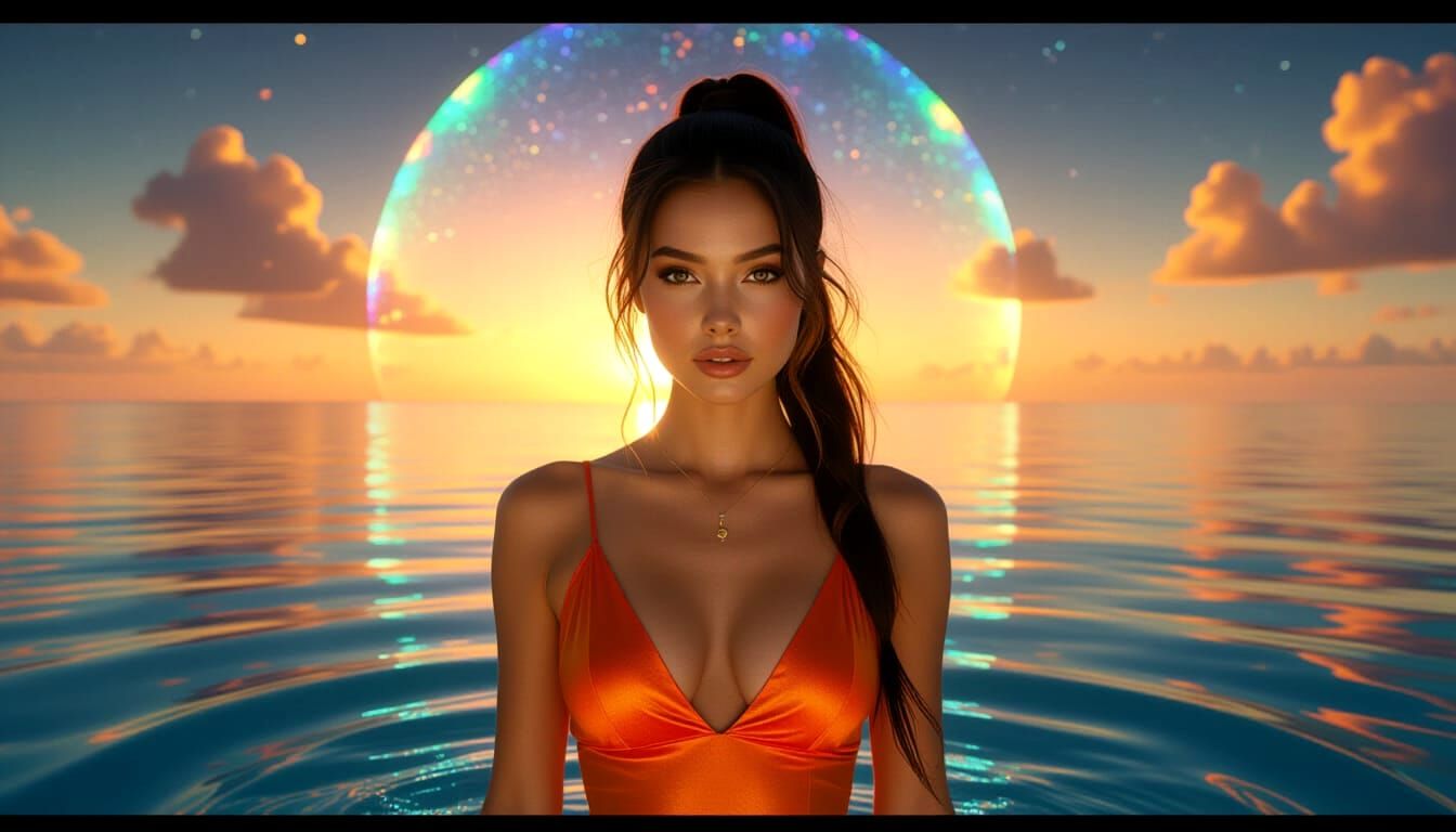 Woman Wading in Water with Futuristic Lighting