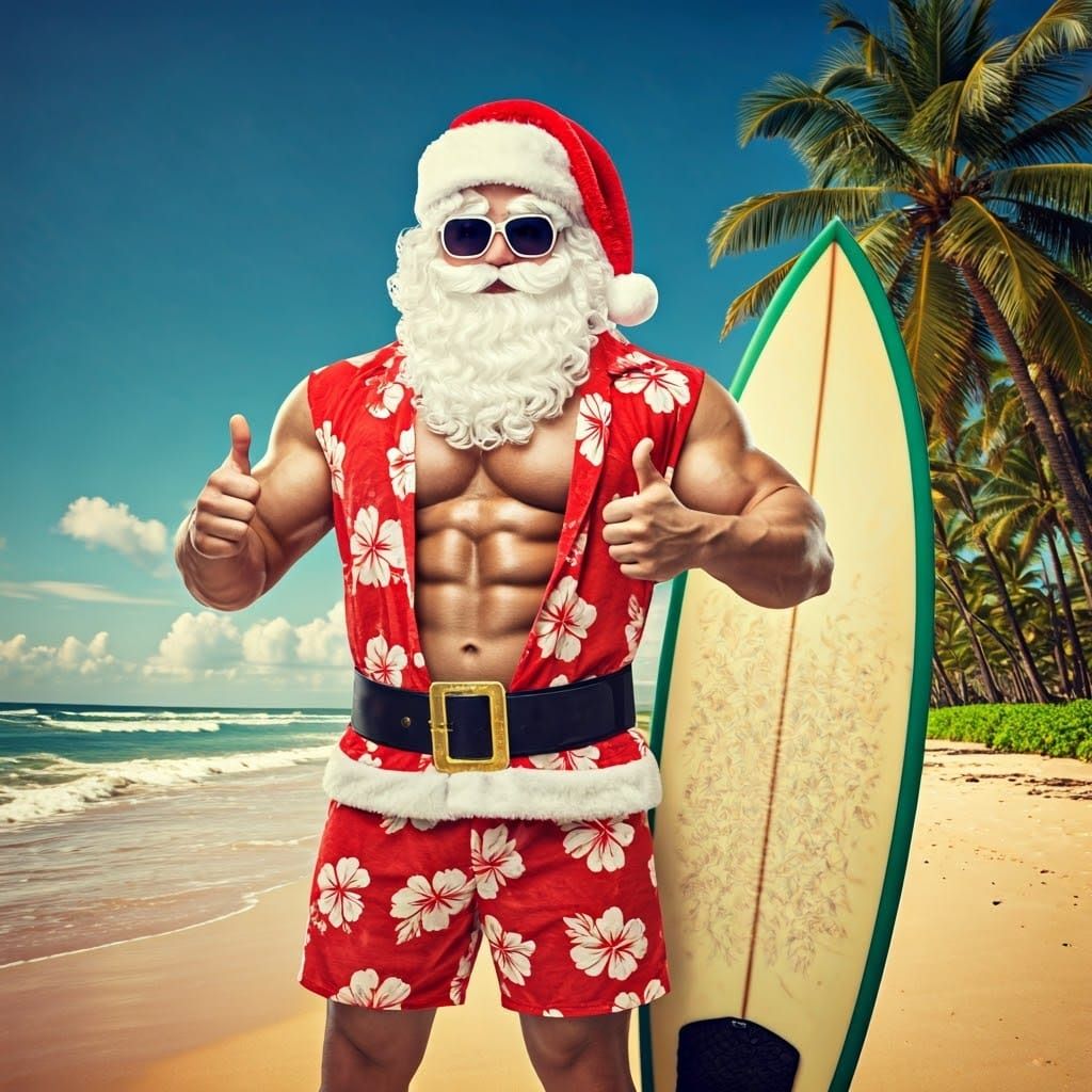 Muscular Santa Claus on Hawaiian Beach: Vintage Christmas