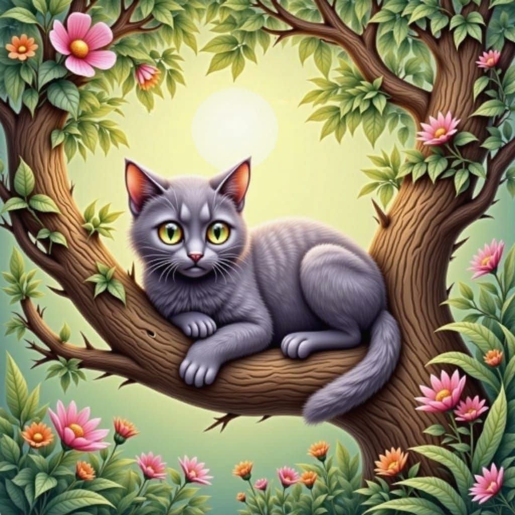 Cat Nap on a Branch: Surreal Digital Art