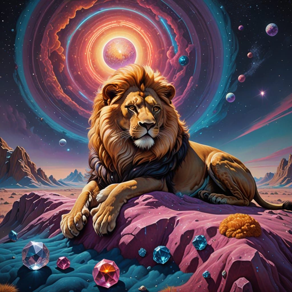 Retro-Futuristic Lion on Crystal Alien Planet