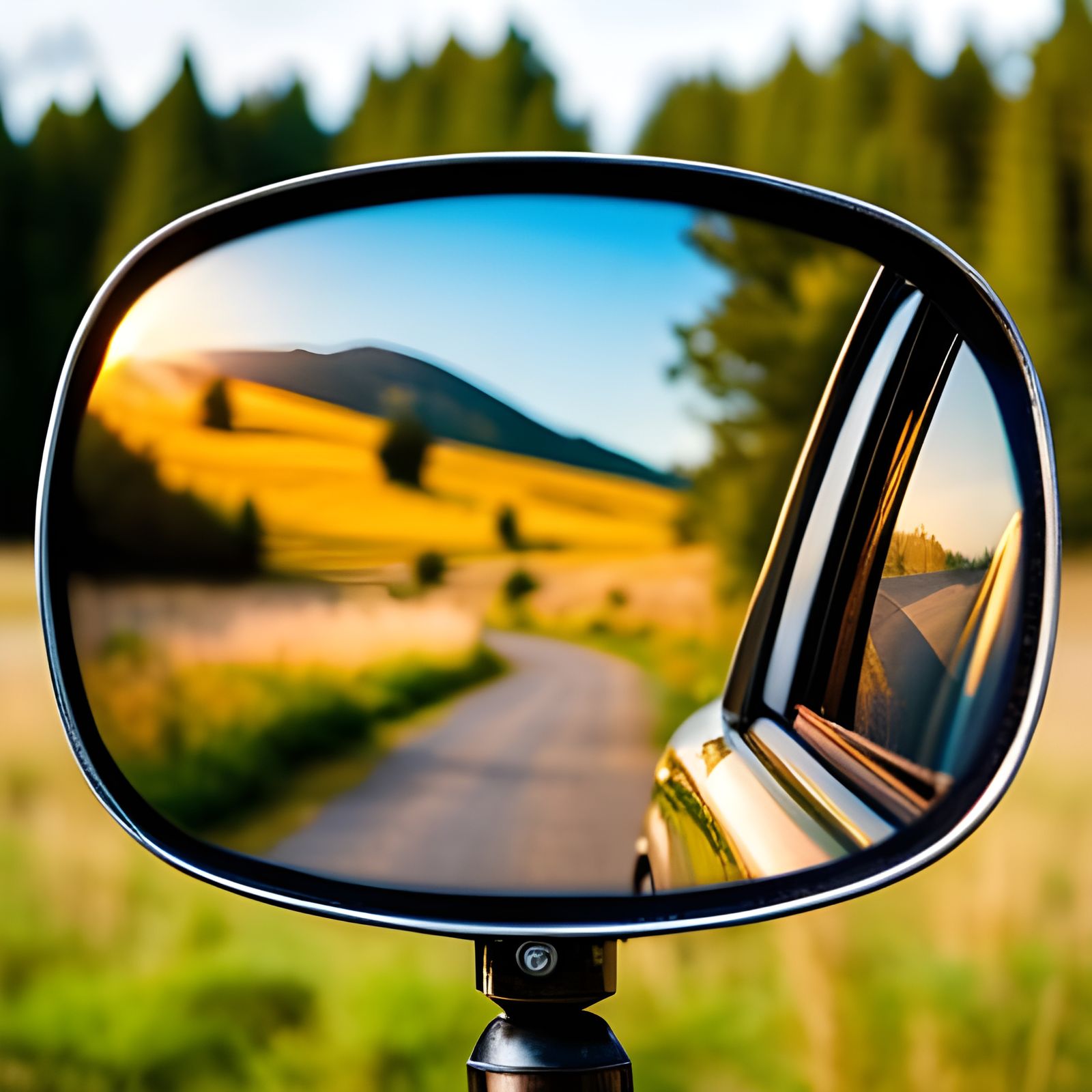Countryside Reflection on Car Mirror, Artistic Photography