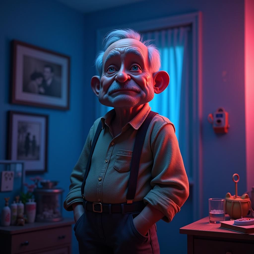 Sorrowful Man Mourns Wife in Stylized 3D Rendering