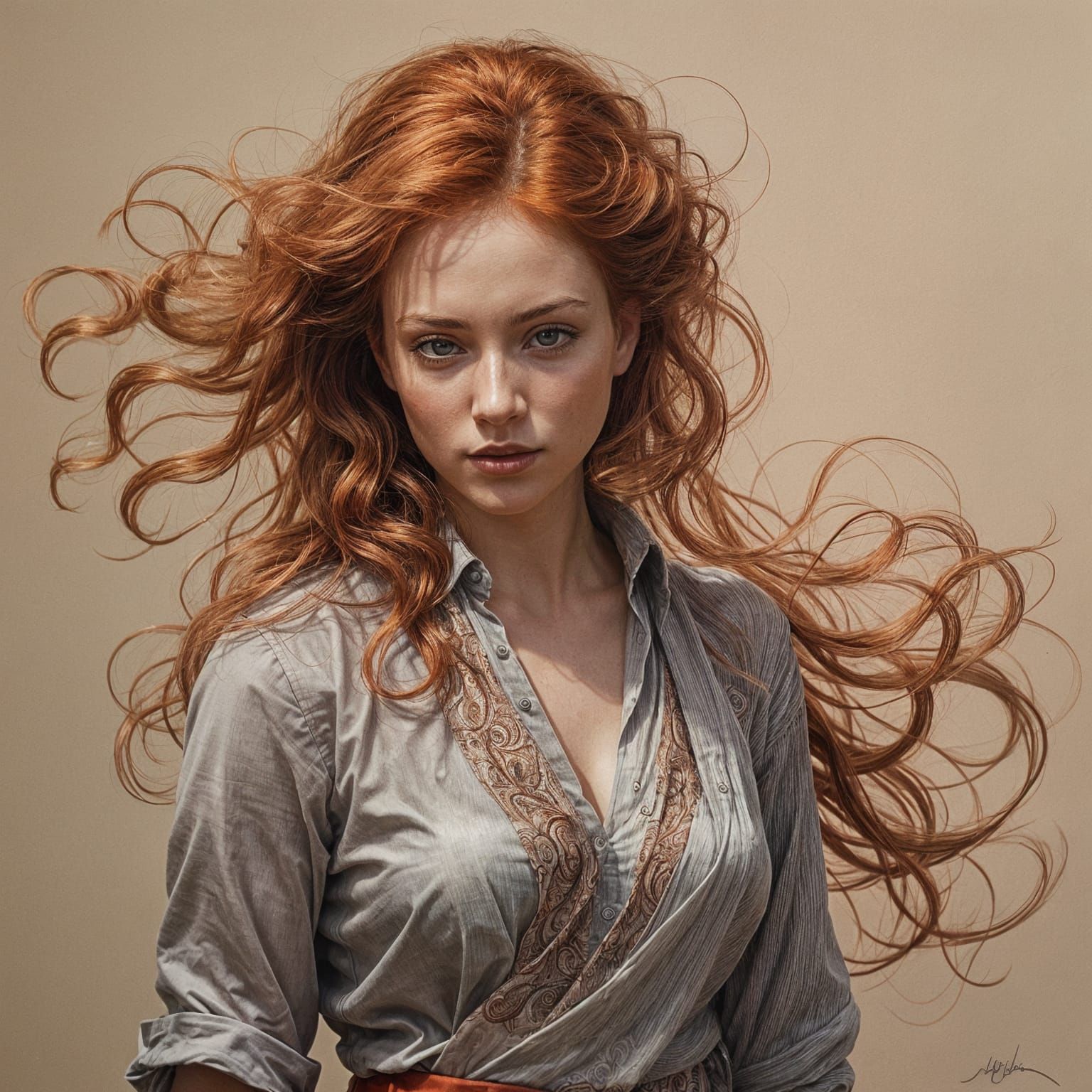 Pencil Sketch of Girl with Fiery Red Hair