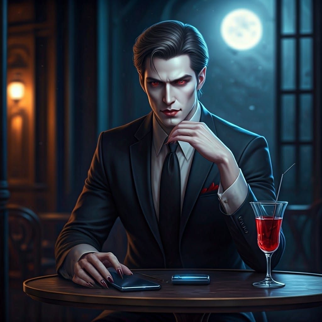 Mysterious Vampire Sits in Dimly Lit Café