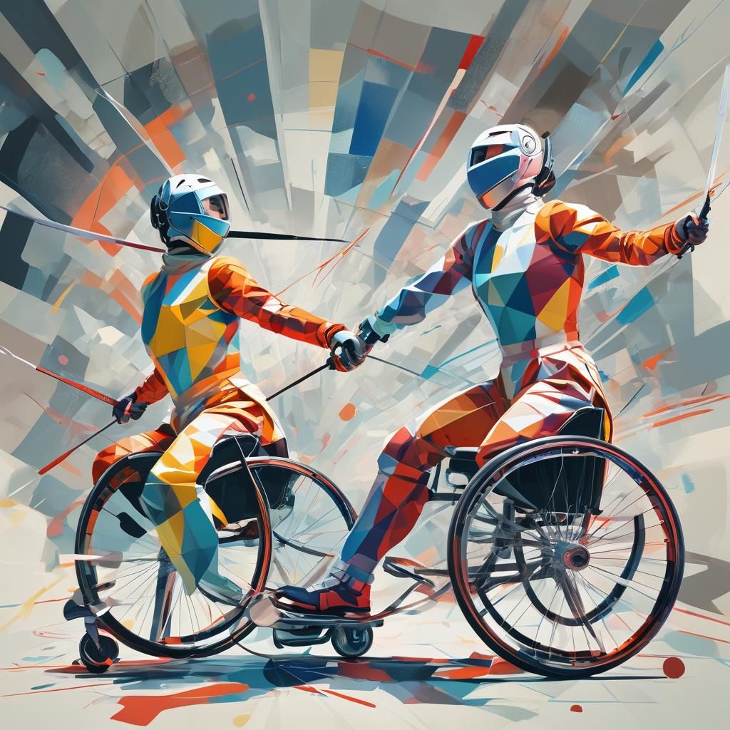 Wheelchair Fencing Para Athletes in Cubist Style