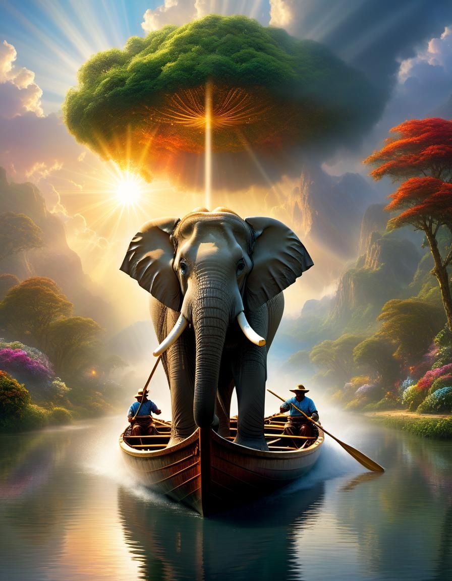 Elephant Rowing Boat in Ethereal Fantasy Landscape