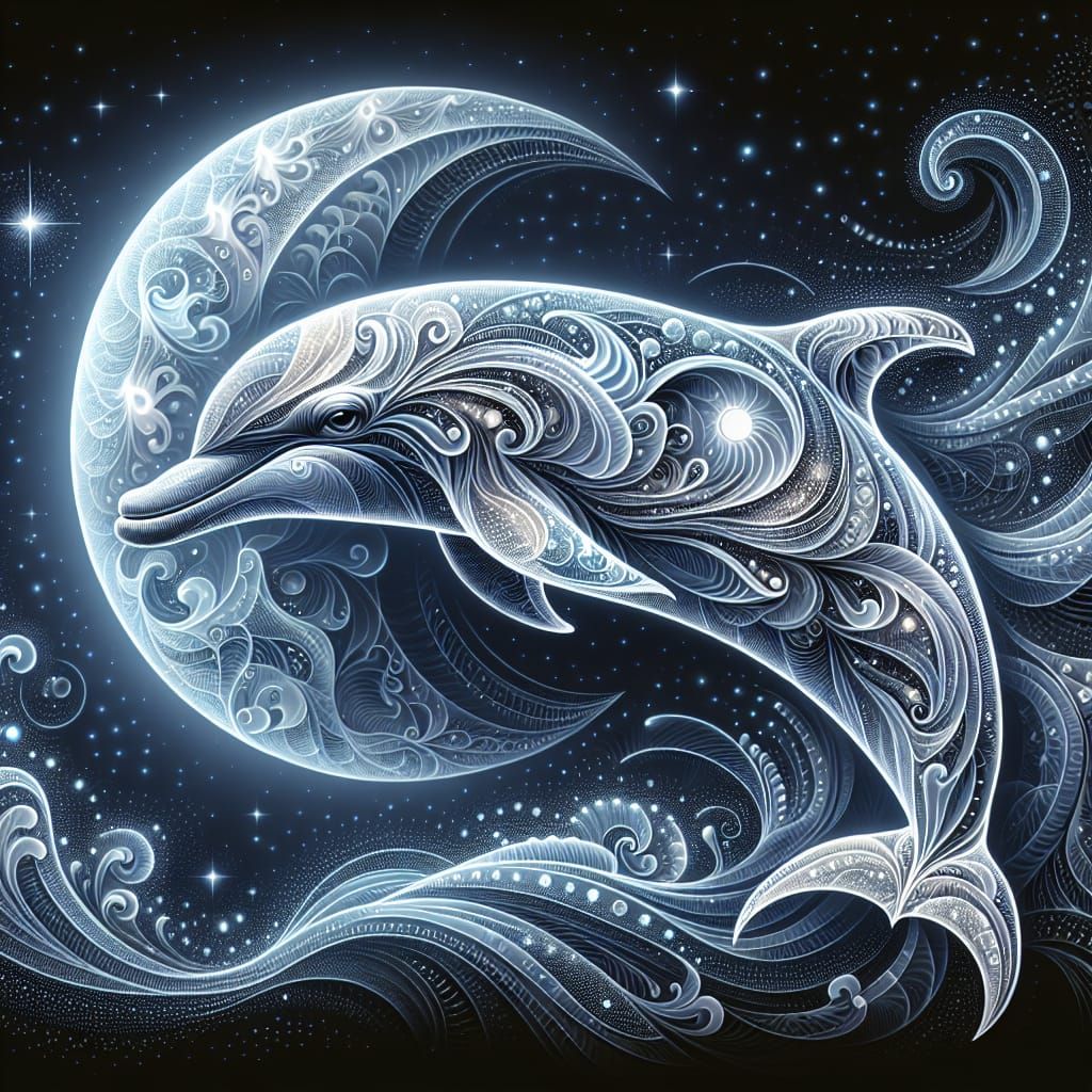 Ethereal Dolphin with Ocean Scene in Abstract Fractal Style