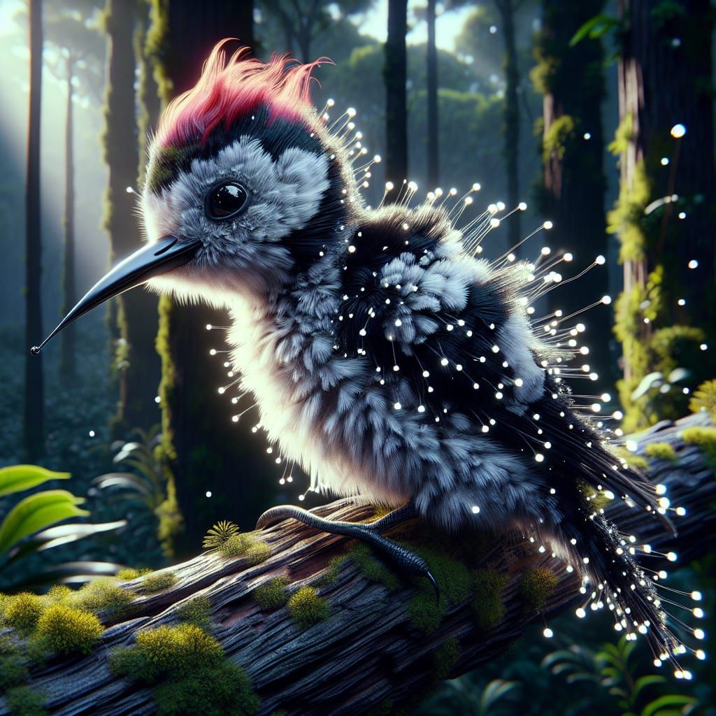 Hyperrealistic, cute, adorable, fluffy woodpecker, on a tree...