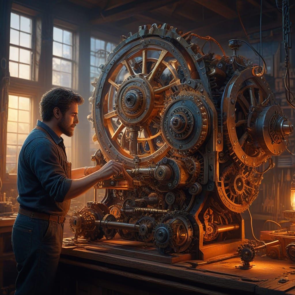 Tradesman Building Fantasy Machine in Golden Mist