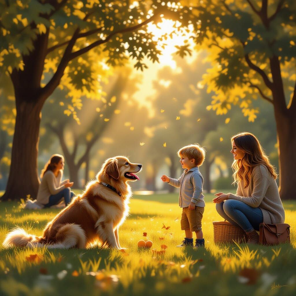 Golden Retriever Plays Fetch with Boy in Golden Evening Park