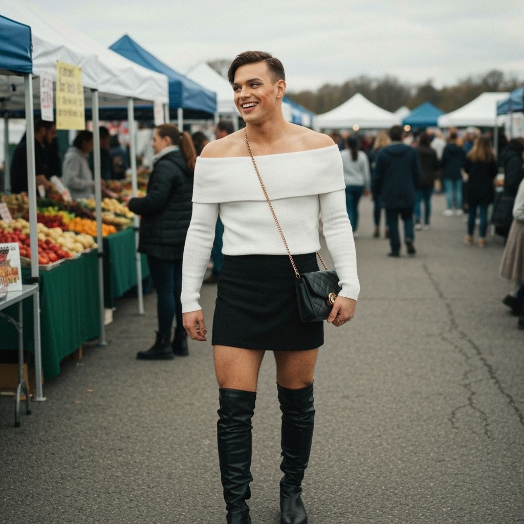Photorealistic Man in Feminine Attire at Farmer's Market