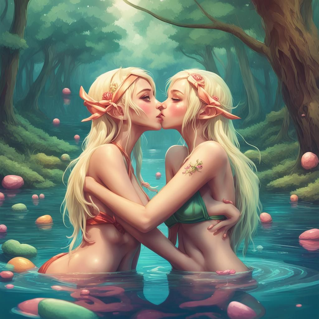 Lesbian Elves Embrace in Candy Forest, Digital Art