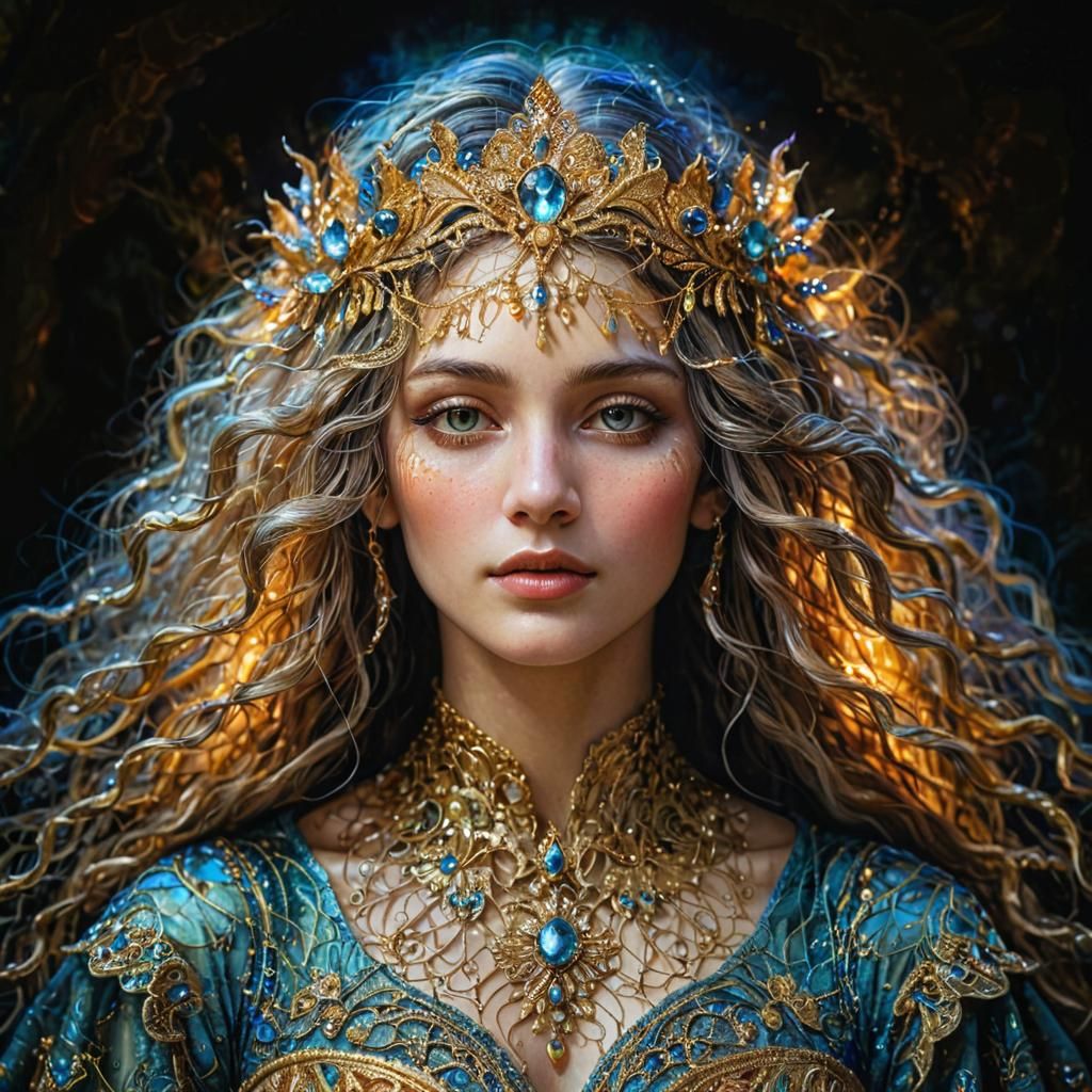 Woman in Golden Lace: Dreamlike Mystical Portrait