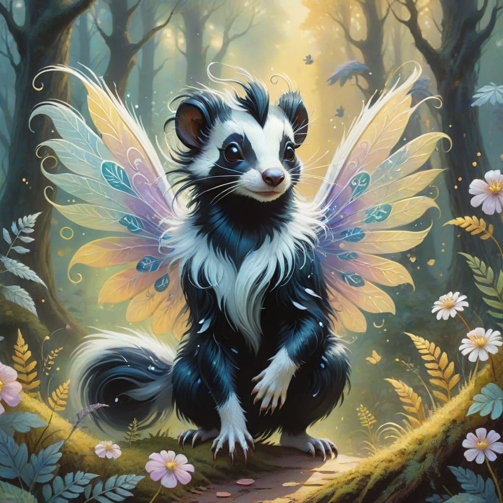 Skunk Fairy in Misty Forest, Gouache Style