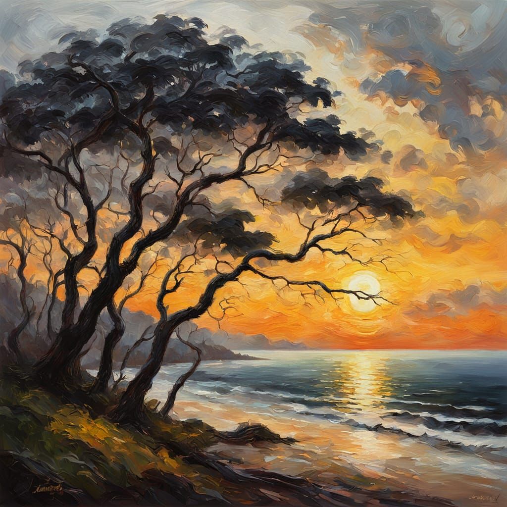 Impressionistic Oil Painting of Silhouetted Trees