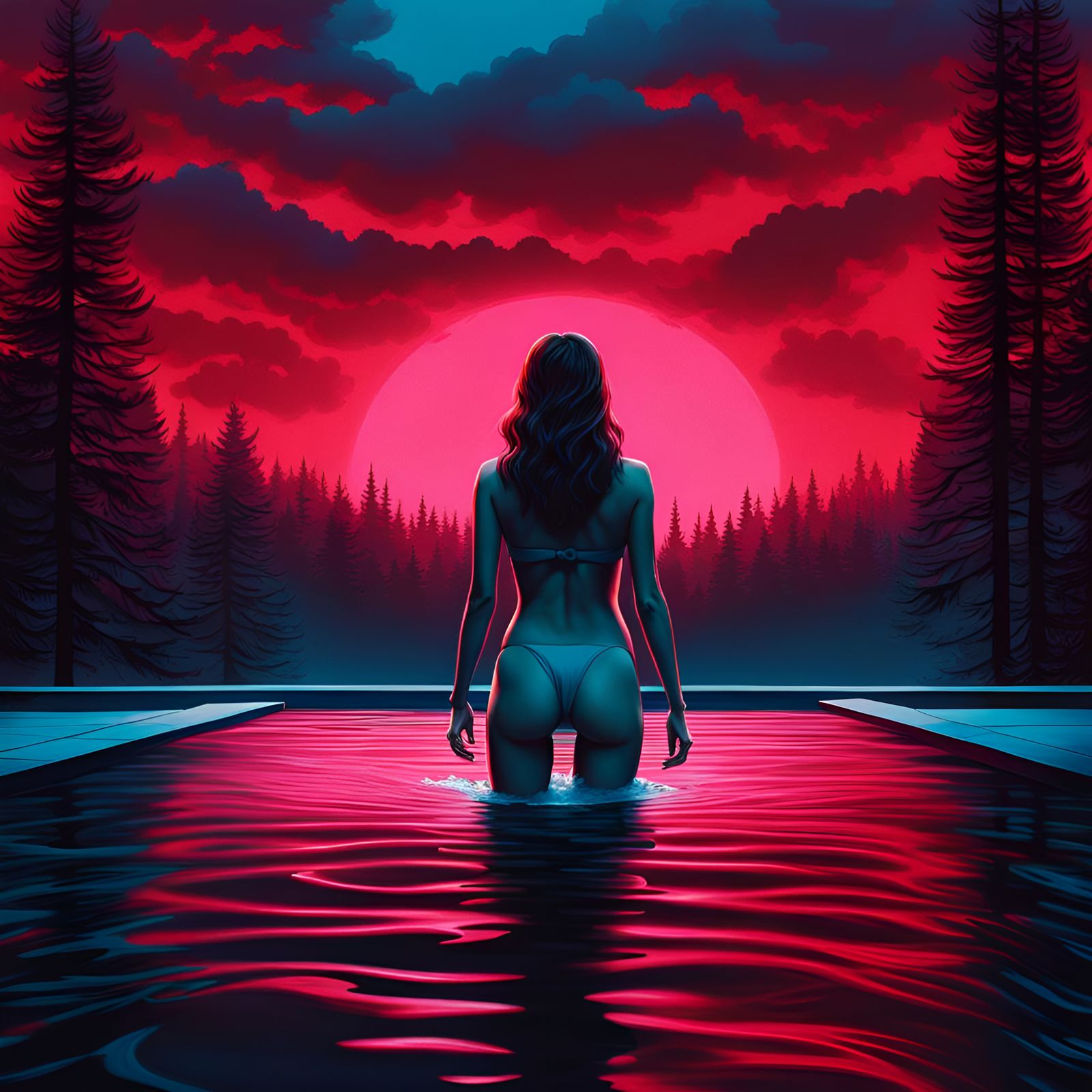 Alexandra Daddario Enters Pool in 80s Synthwave Horror