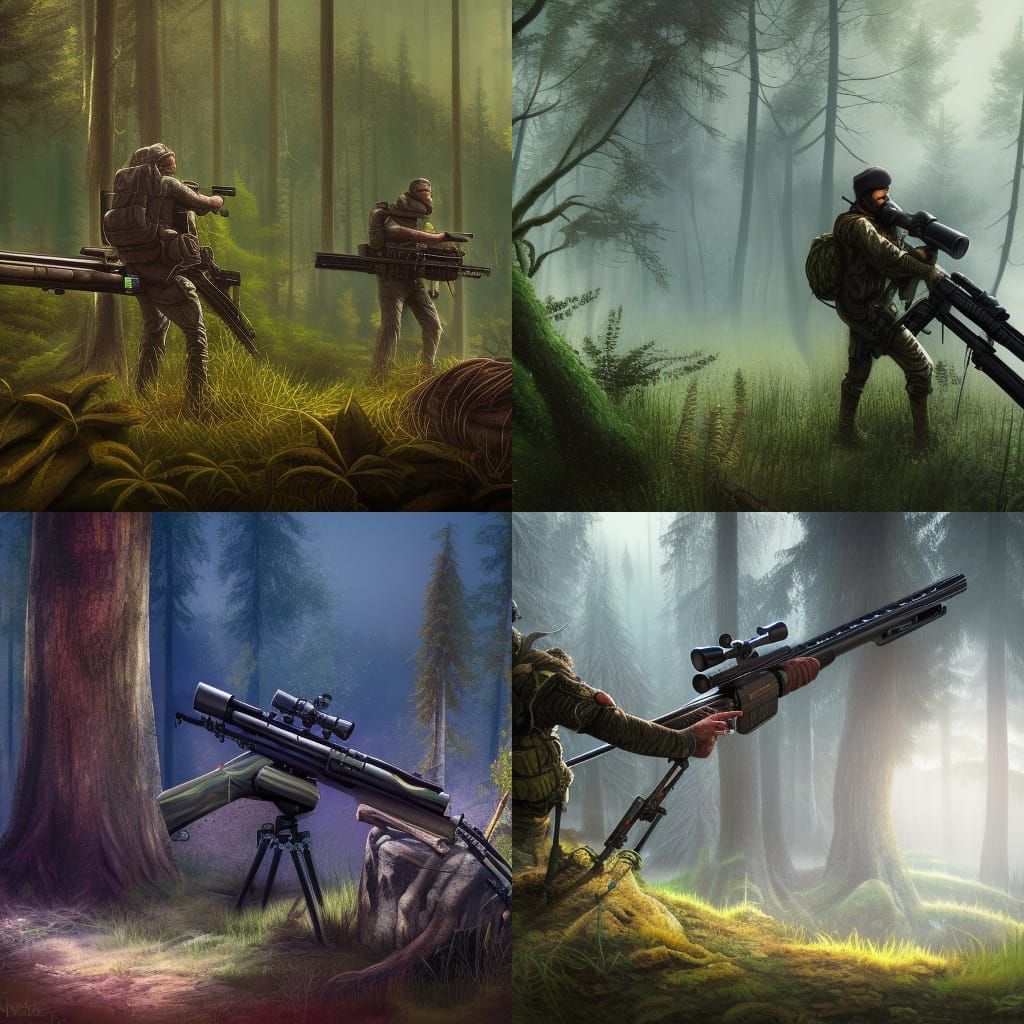 Sniper and Rifle in Forest: Detailed Matte Painting