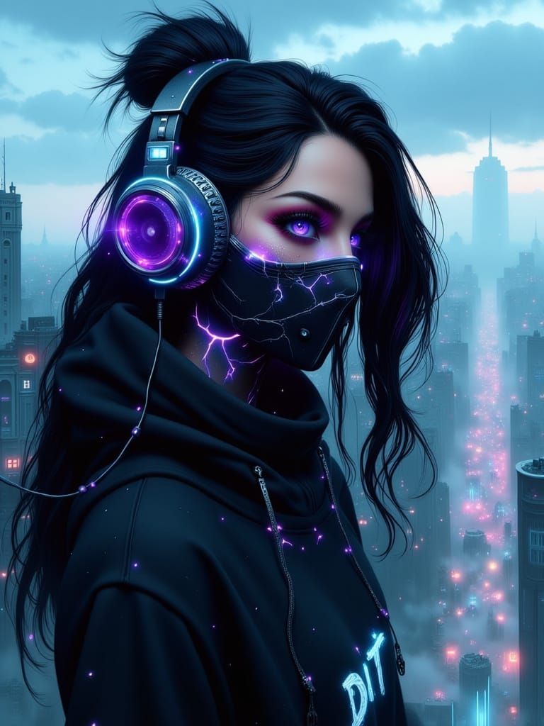 Future Teen Girl with Violet Eyes and Black Hair in Rainy Ni...