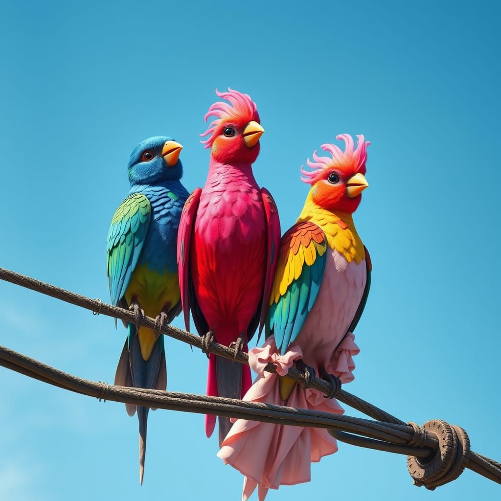 Three Birds in Fancy Gowns on a Wire, Hyper-Realistic 3D
