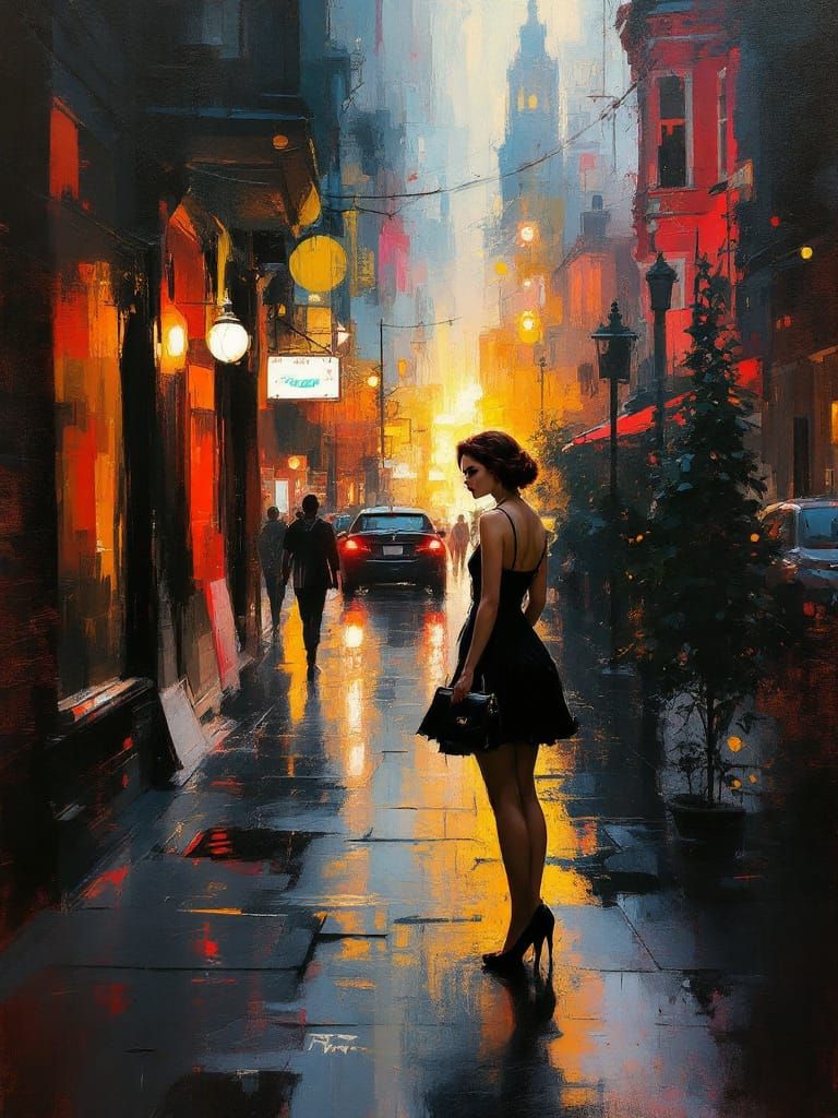 1950s Pin-Up Woman in City Light with Red Taillights