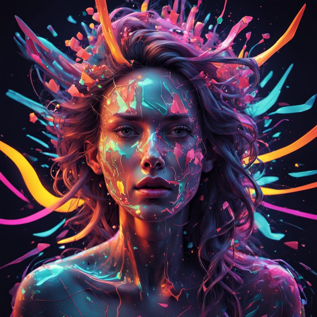 Psychedelic Glitch Portrait in Neon Noir Style