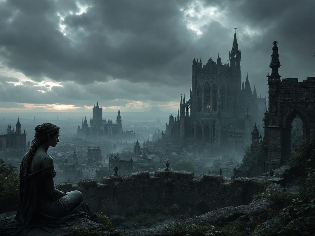 Gothic cathedral city, sprawling cityscape, dark, overcast, ...