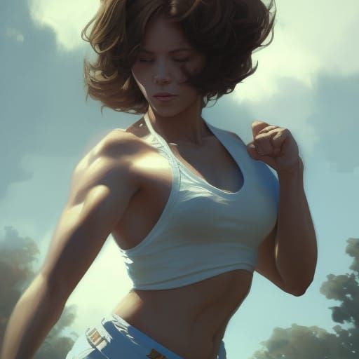 Woman Training Karate on Lawn, Hyperdetailed Portrait