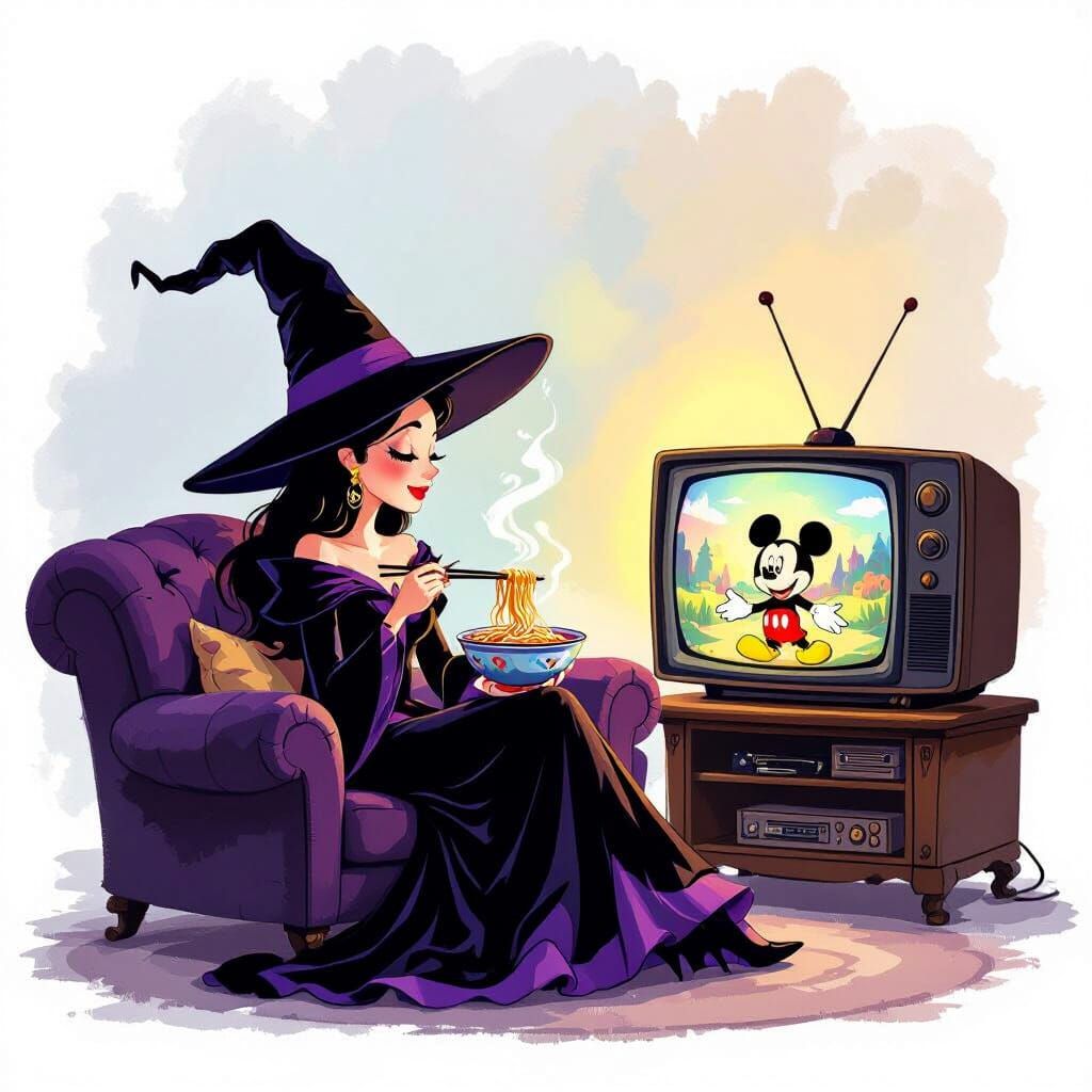 Whimsical Witch Enjoys Noodles While Watching Mickey Mouse
