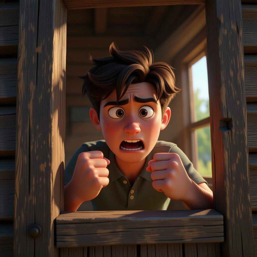 Teenage Boy Faces Fearful Shaking Door in Pixar Style