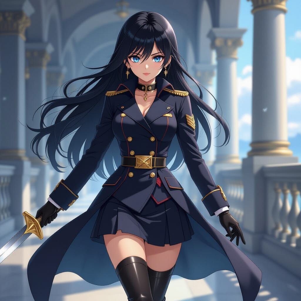 Anime Female Admiral with Sword in Navy Uniform