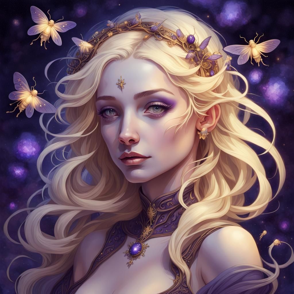 Surreal Dark Fantasy Queen Surrounded by Fireflies and Stars...