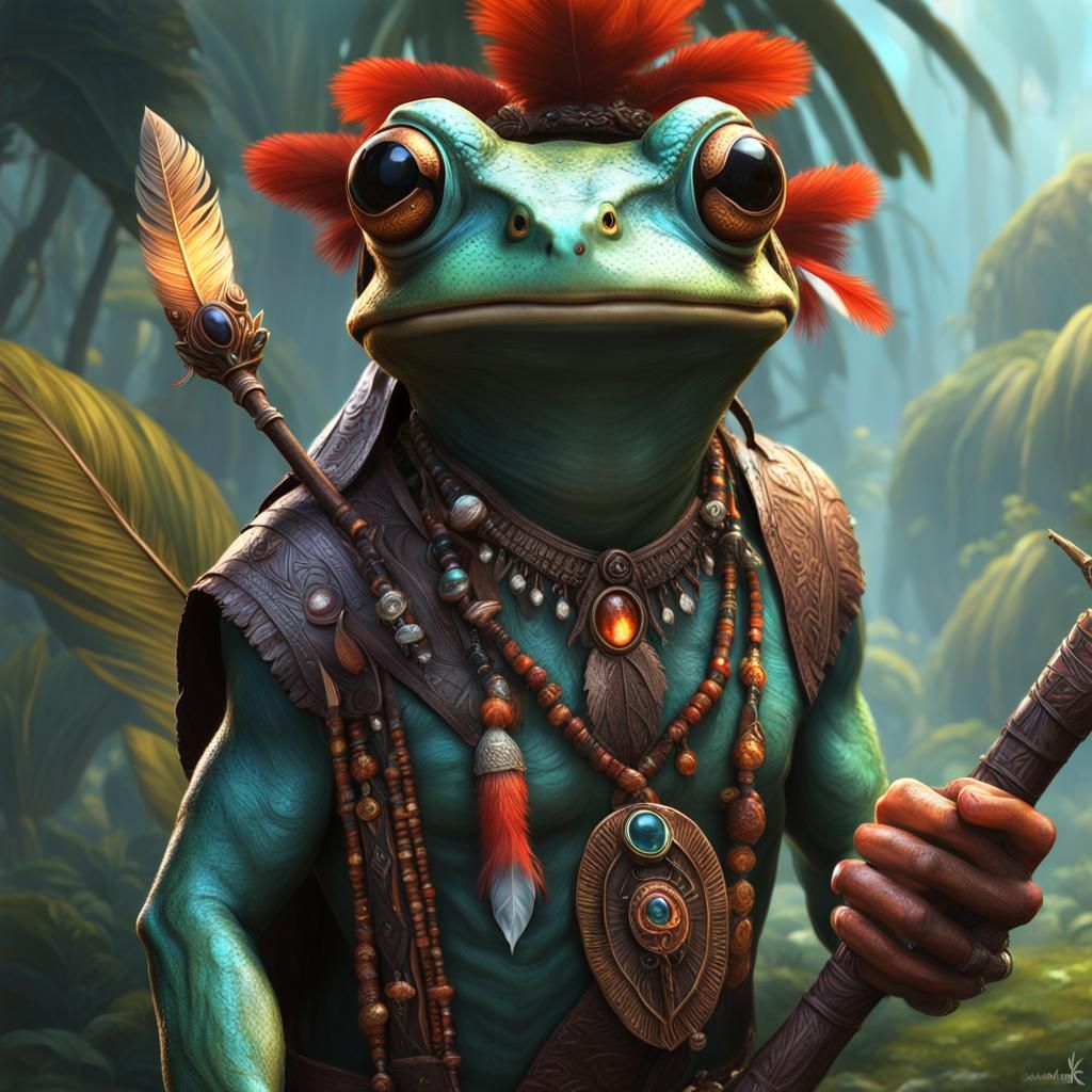 Inca Frog Folk with Crystal Staff, Dark Fantasy Art
