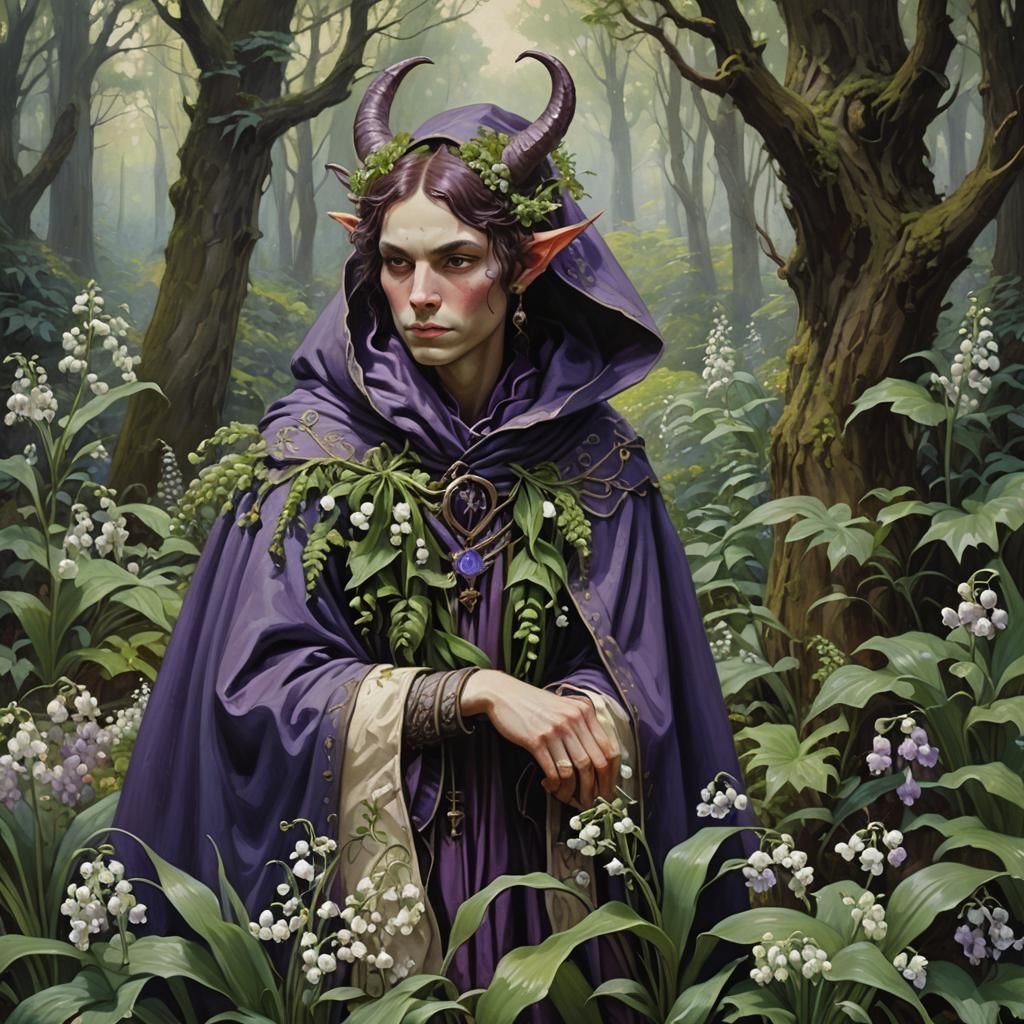 Art Nouveau Tiefling Druid in Forest Cottage