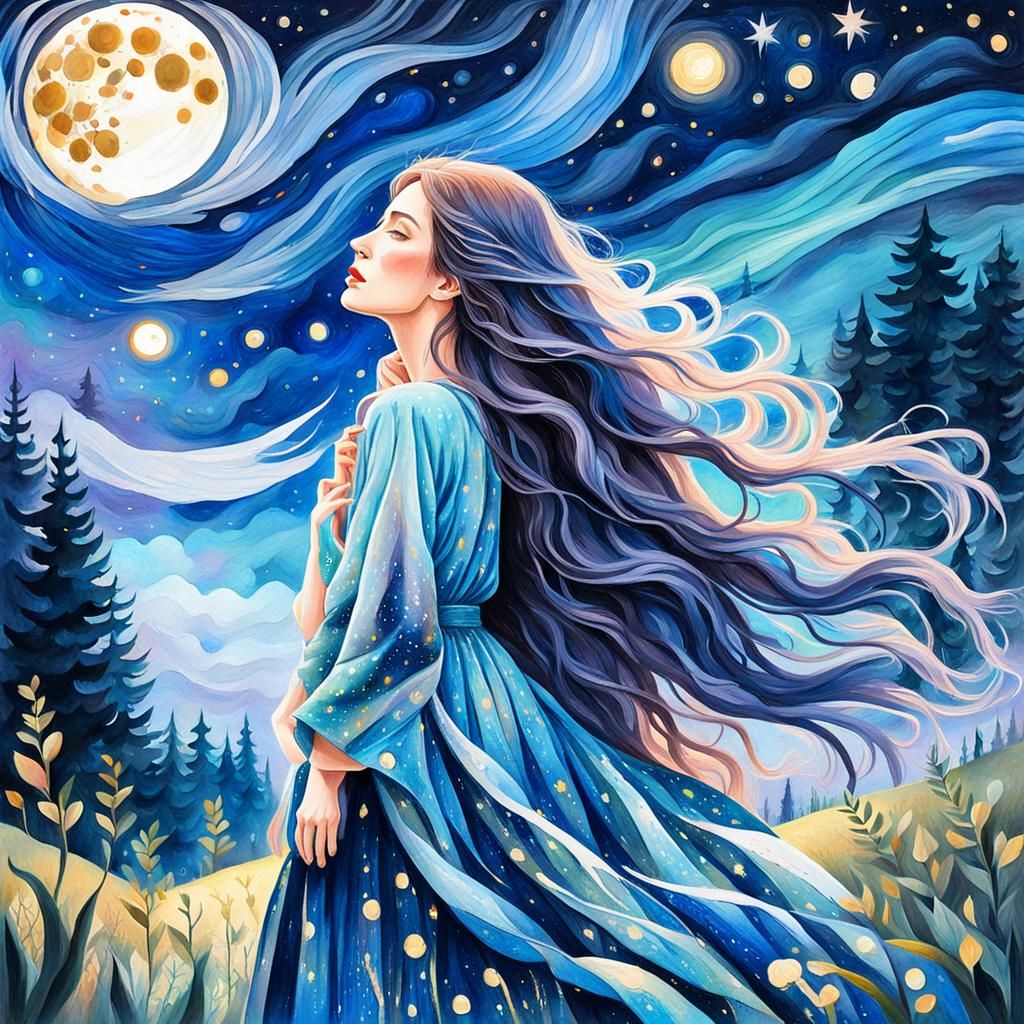 Woman Gazing at Starry Night Sky in Gouache Style