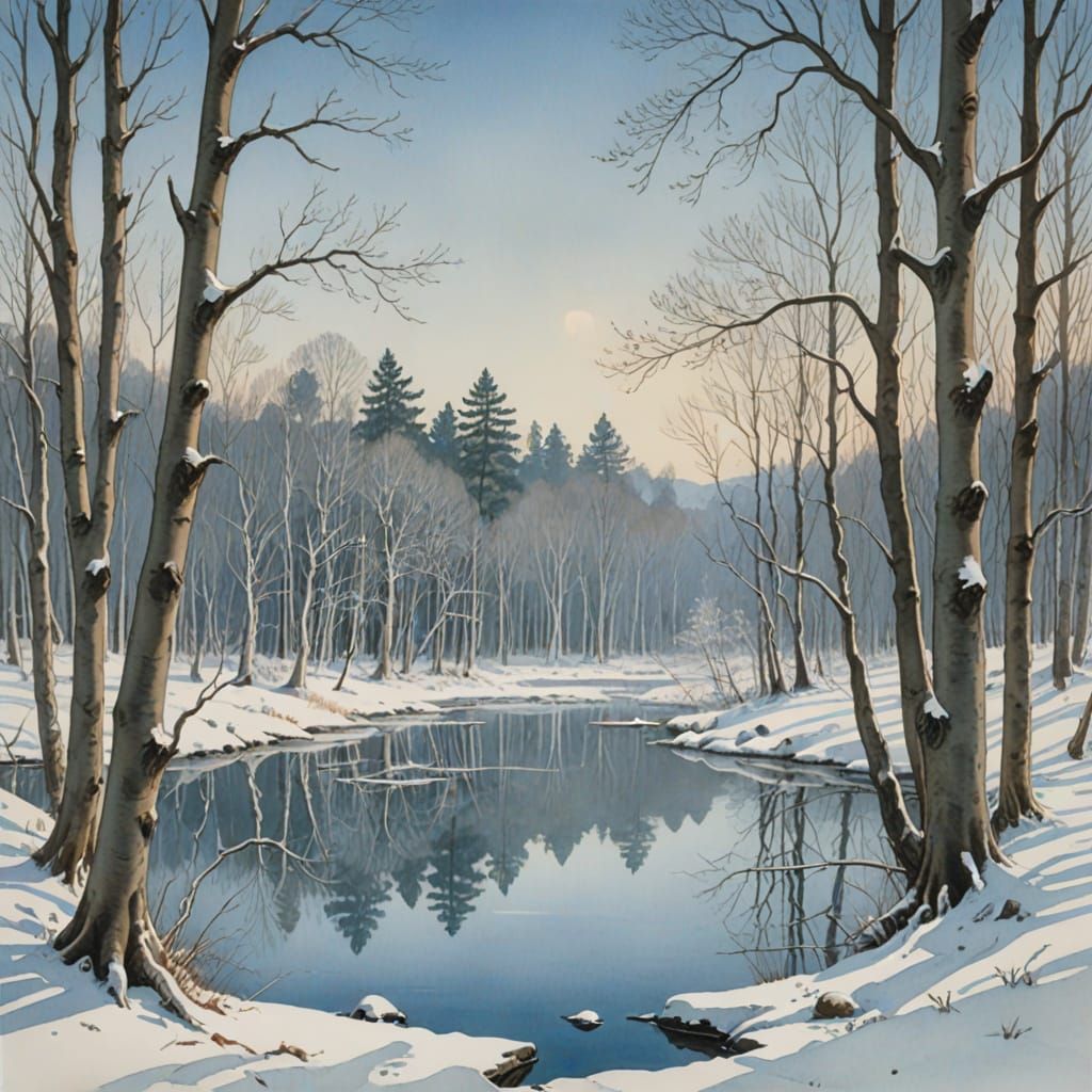 Winter Wonderland Scene in Whimsical Gouache Style