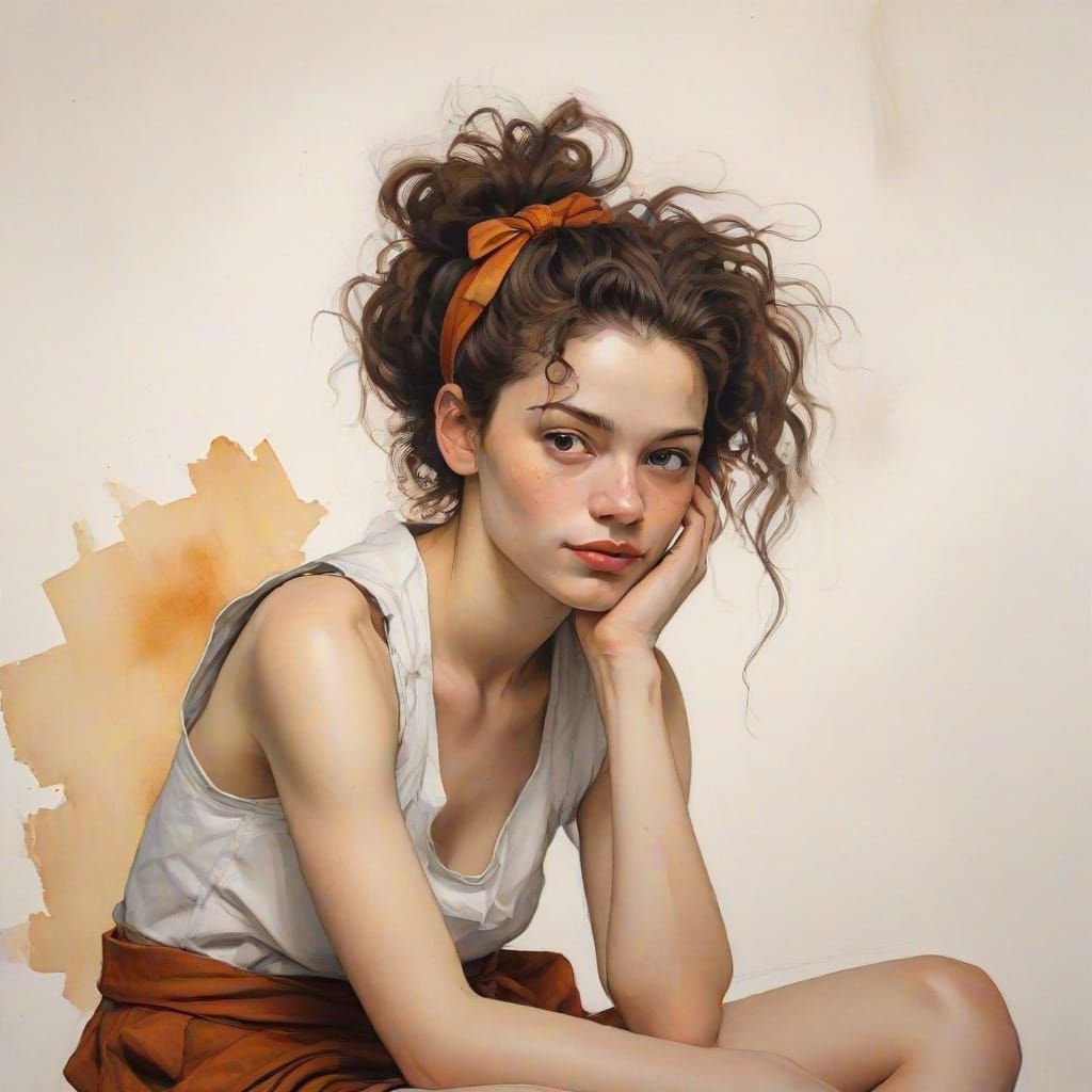 Grunge Watercolor Sketch of a Smiling Woman in Warm Hues