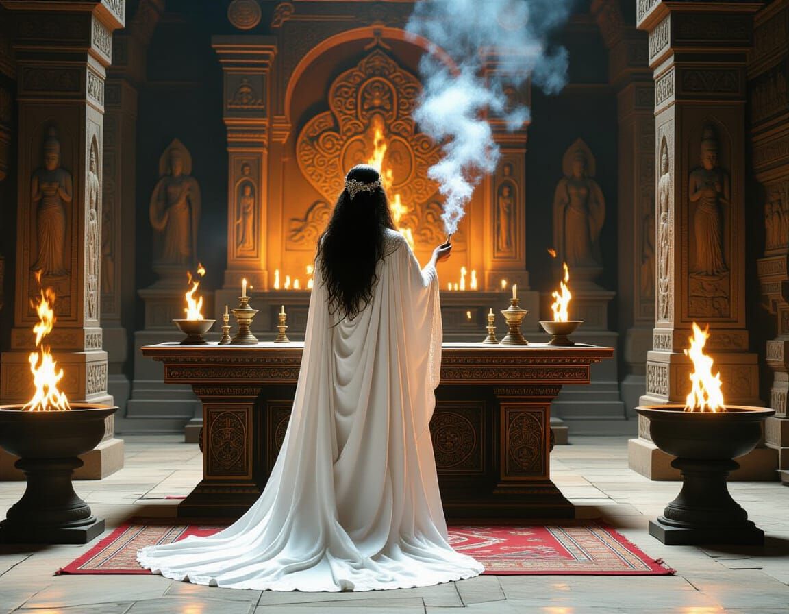 Mystical Priestess at Ancient Temple Altar