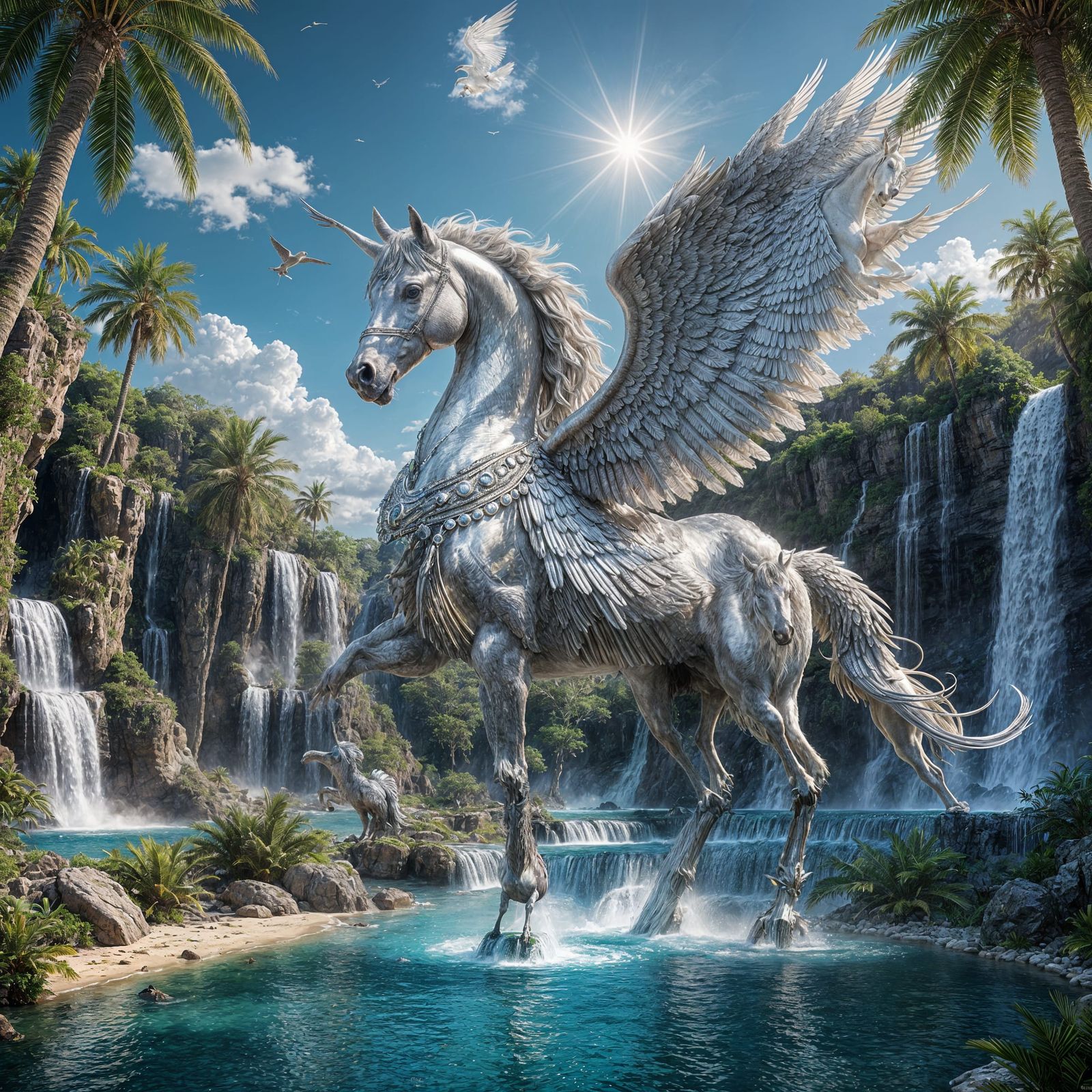 Silver Pegasus in Magical Oasis, Digital Matte Painting