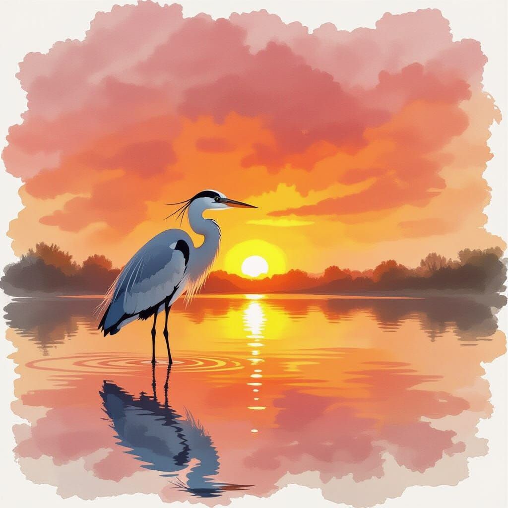 Heron Reflecting Sunset as Watercolour Painting